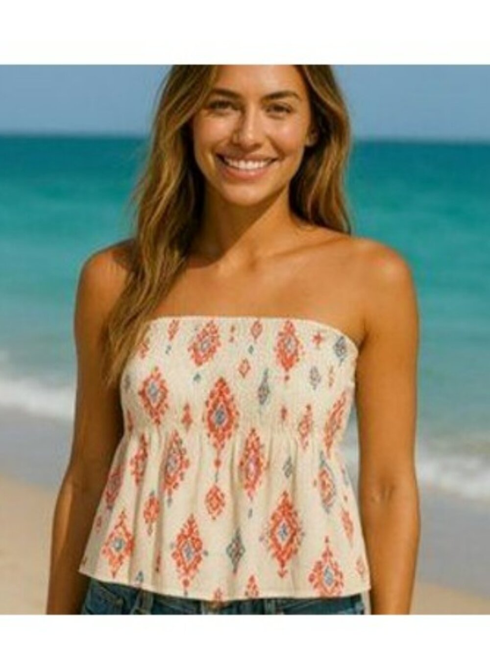 American Eagle Outfitters Women's Strapless Top Size Medium Off White Smocked